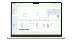 Screenshot von Optica Viva auf einem Laptop: Patientenakte von Sonja Glaser mit Stammdaten, Terminkalender und tabellarischer Rezepthistorie.