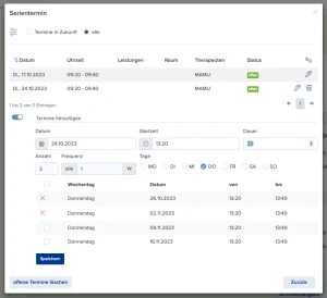 Screenshot der Serientermin-Maske in Optica Viva: Konfiguration wiederkehrender Donnerstags-Termine mit Datum, Uhrzeit, Frequenz und Therapeutenzuweisung.