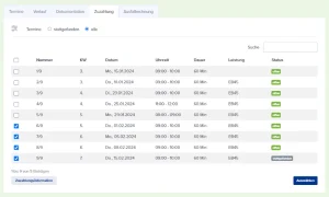 Screenshot des Reiters „Zuzahlung" in Optica Viva: Tabellarische Übersicht von 9 Verordnungsterminen mit Datum, Uhrzeit, Leistung EB45 und Status (offen/stattgefunden).