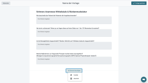 Screenshot des thevea-Vorlagen-Editors mit einer Schmerz-Anamnese zur Wirbelsäule und geöffnetem Menü zum Hinzufügen von Textfeldern und Abschnitten.