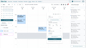 Screenshot des thevea-Terminkalenders in der Wochenansicht mit geöffnetem Termindetail und seitlicher Liste neu eingegangener Online-Buchungen.