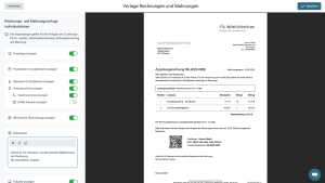 Screenshot des thevea-Vorlagen-Editors für Rechnungen und Mahnungen mit Einstellungen zu Logo, Praxisdaten und Schlusstext sowie einer Vorschau einer Zuzahlungsrechnung mit QR-Code.