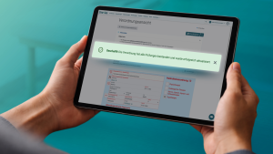 Foto eines Tablets mit thevea-Verordnungsansicht und grüner Erfolgsmeldung, dass die Verordnung alle Prüfungen bestanden und wurde erfolgreich aktualisiert wurde.